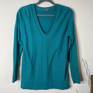 Eddie Bauer Cotton Nylon Teal V Neck Sweater Long Sleeve Rolled Edge Detail S